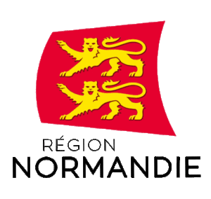 Logo de la région Normandie avec deux lions stylisés sur fond rouge.