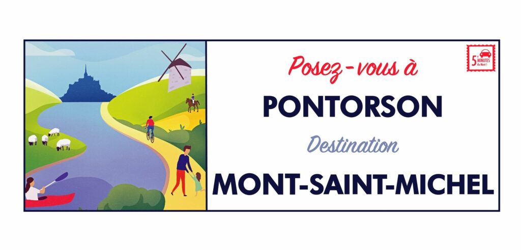 Illustration colorée de Pontorson avec Mont-Saint-Michel en arrière-plan, montrant des activités de plein air et des moutons.