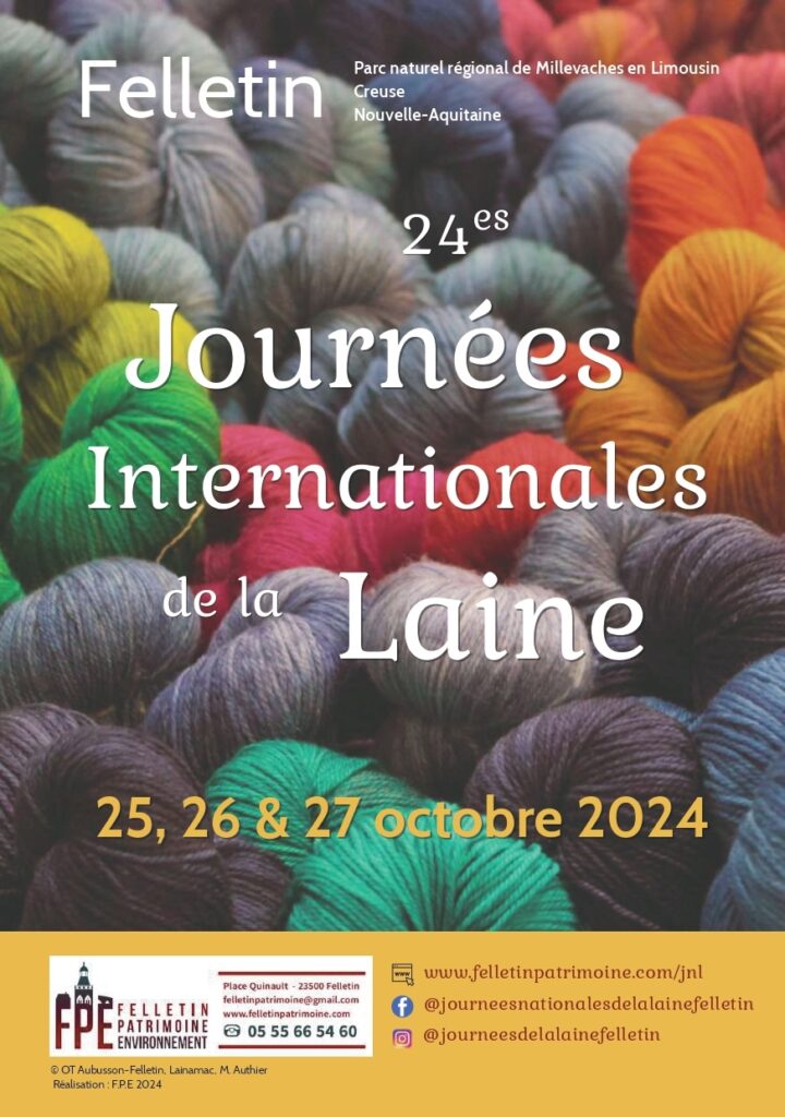 Affiche des 24es Journées Internationales de la Laine, présentant des fils colorés. Événement du 25 au 27 octobre 2024 à Felletin.