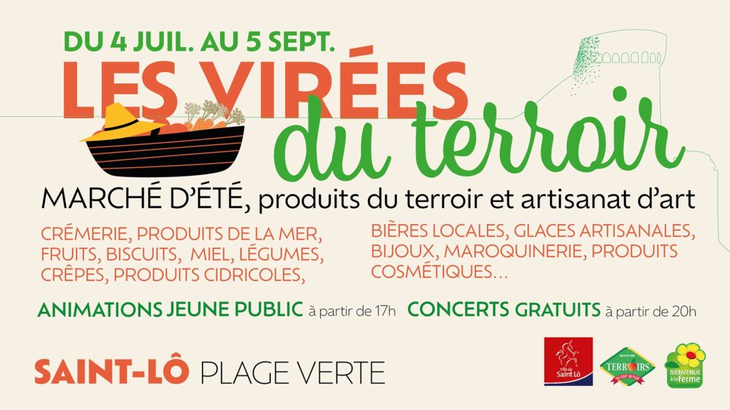 Affiche du marché d'été "Les Virées du Terroir" à Saint-Lô, mettant en avant des produits locaux et artisanaux.