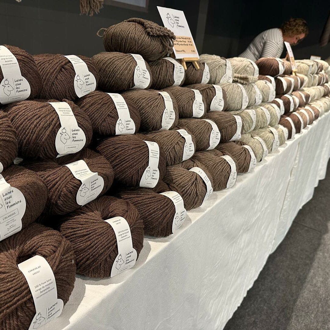 Vaste choix de pelotes de laine naturelle sur une table, mettant en avant la durabilité de l'entreprise u0022Laines sous les Pommiersu0022.