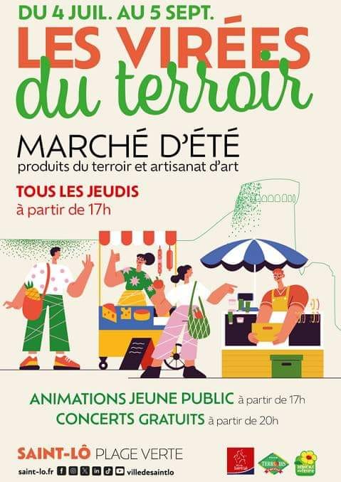 Affiche du marché d'été "Les Virées du Terroir" à Saint-Lô, avec produits locaux et animations.