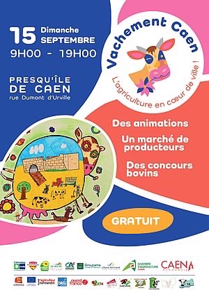 Affiche de l'événement "Vachement Caen" avec des animations, un marché de producteurs et des concours bovins.
