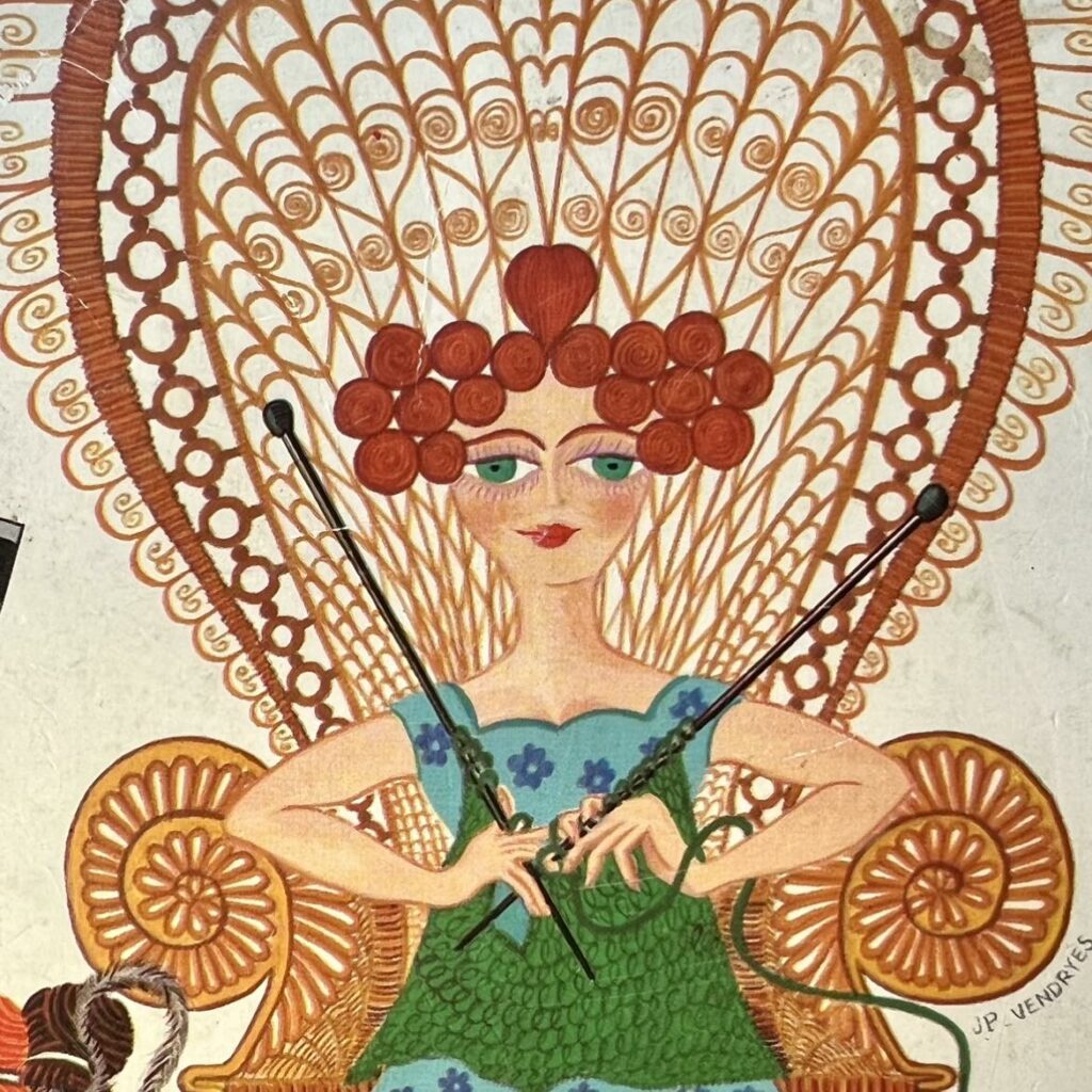 Illustration colorée d'une femme tricotant, entourée de motifs délicats et d'un décor artisan traditionnel.