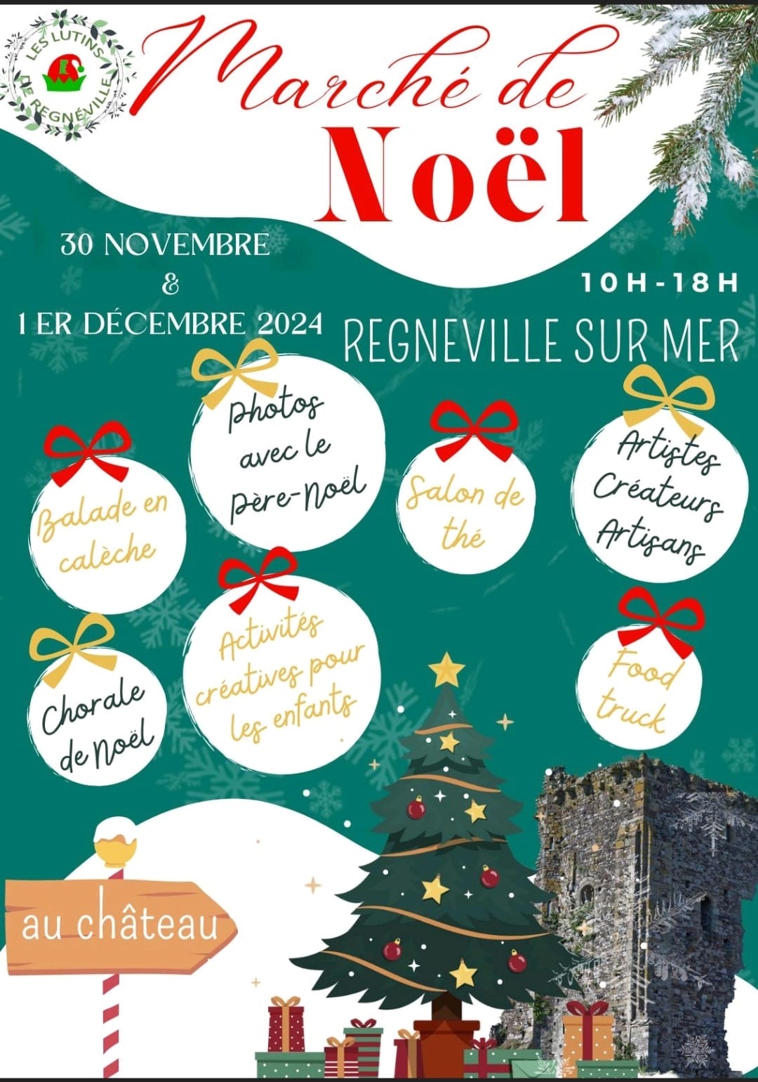 Affiche du marché de Noël à Regneville sur Mer, présentant des activités festives et artisanales. Dates : 30 novembre & 1er décembre 2024.