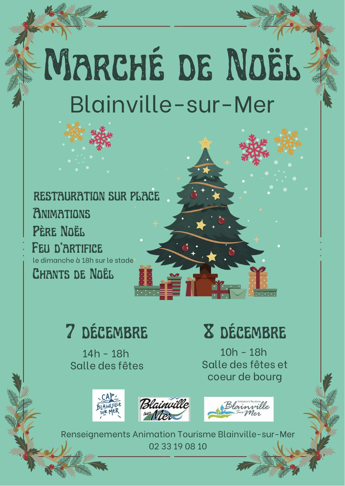 Affiche du marché de Noël à Blainville-sur-Mer avec un sapin, des animations et des informations sur les dates et heures.