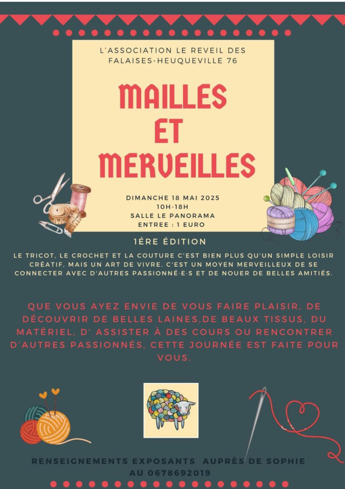 Affiche de l'événement "Mailles et Merveilles" à Falaise-Heuqueville, présentant la laine et l'artisanat d'art.