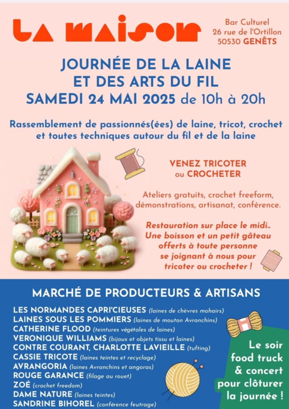 Journée dédiée à la laine et aux arts du fil à Genêts, avec ateliers, artisans et marché local, le 24 mai 2025.