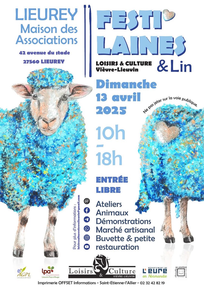 Affiche colorée annonçant le festival "Festi'Laines", mettant en avant les ateliers, démonstrations, et l'entrée libre à Lieurey.