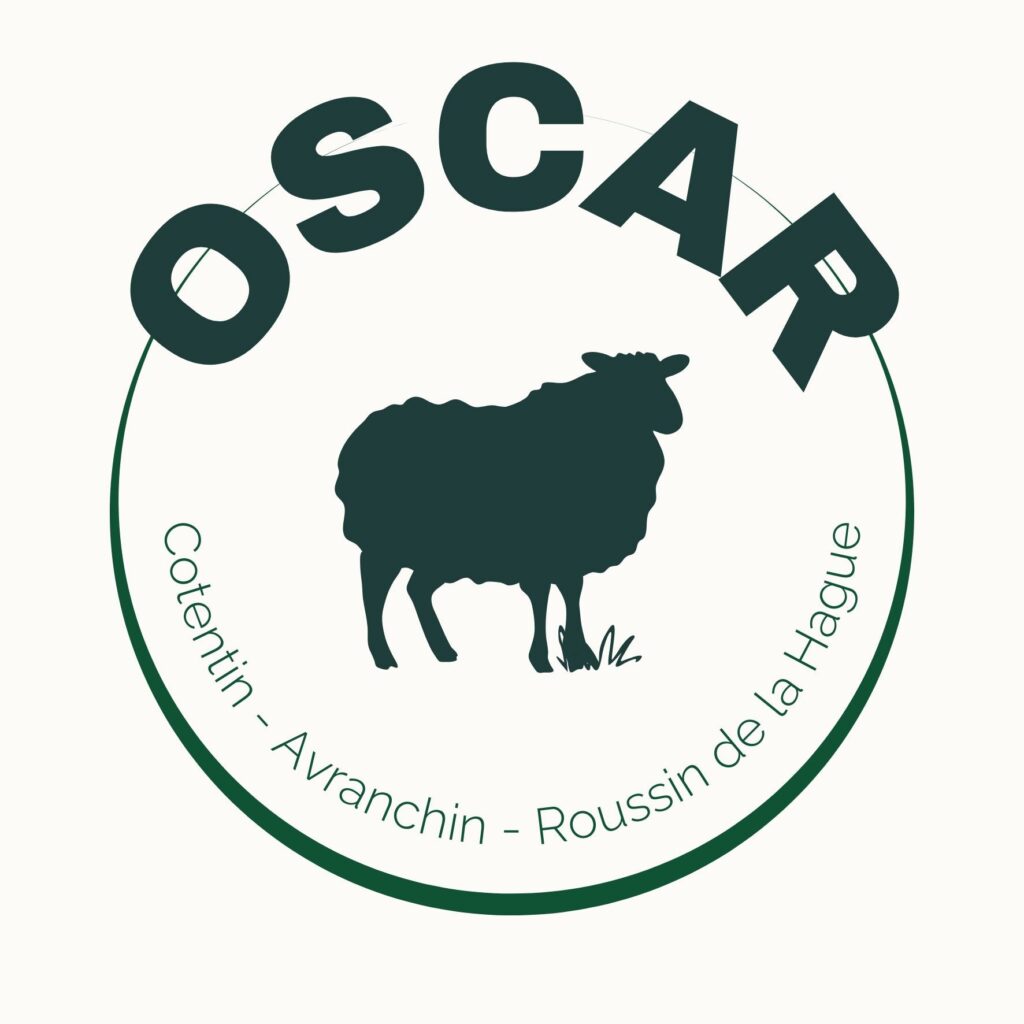 Logo de Laines sous les Pommiers avec silhouette de mouton et mention des races normandes.