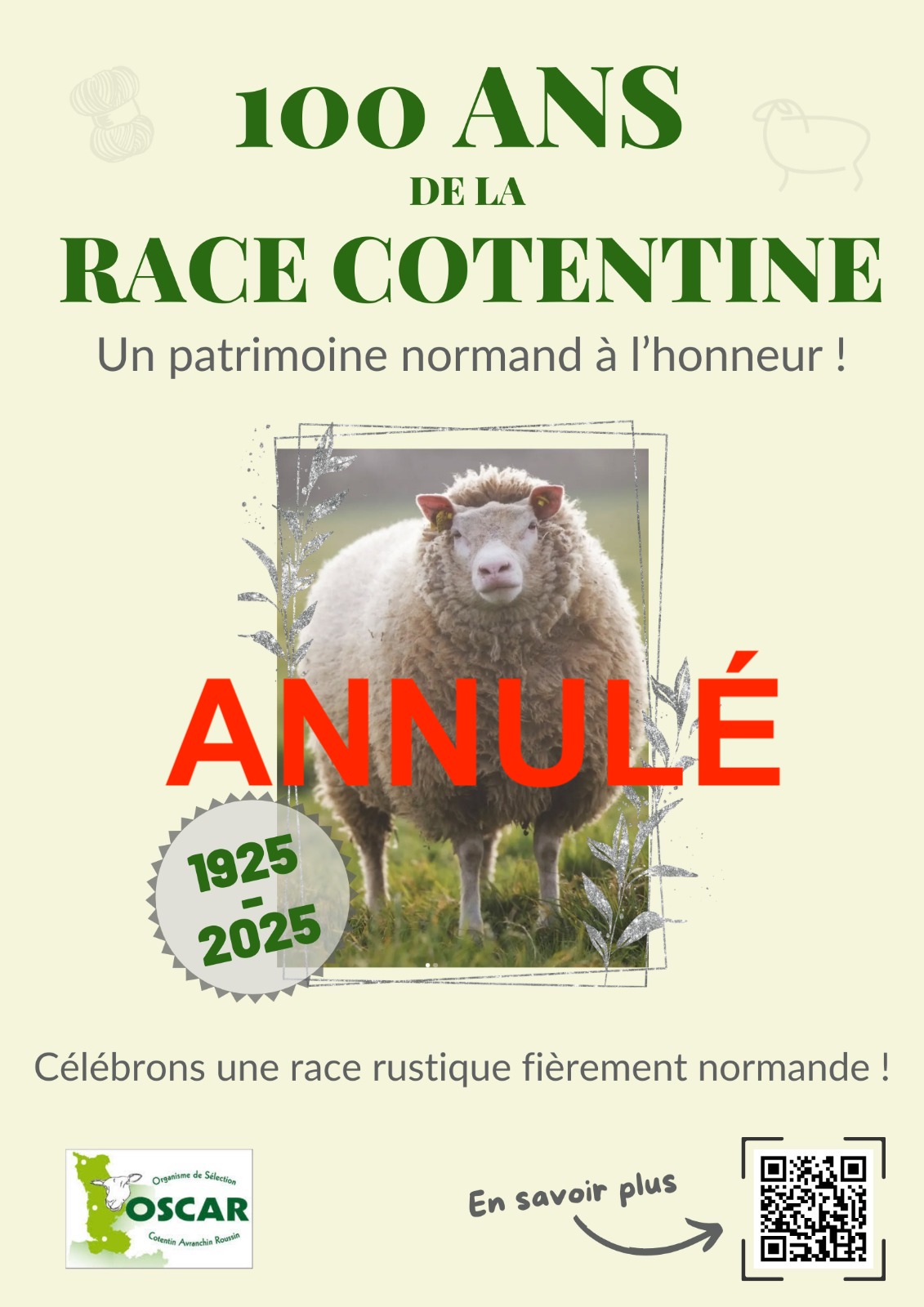 Affiche célébrant les 100 ans de la race Cotentine, avec un mouton en premier plan, événement annulé.