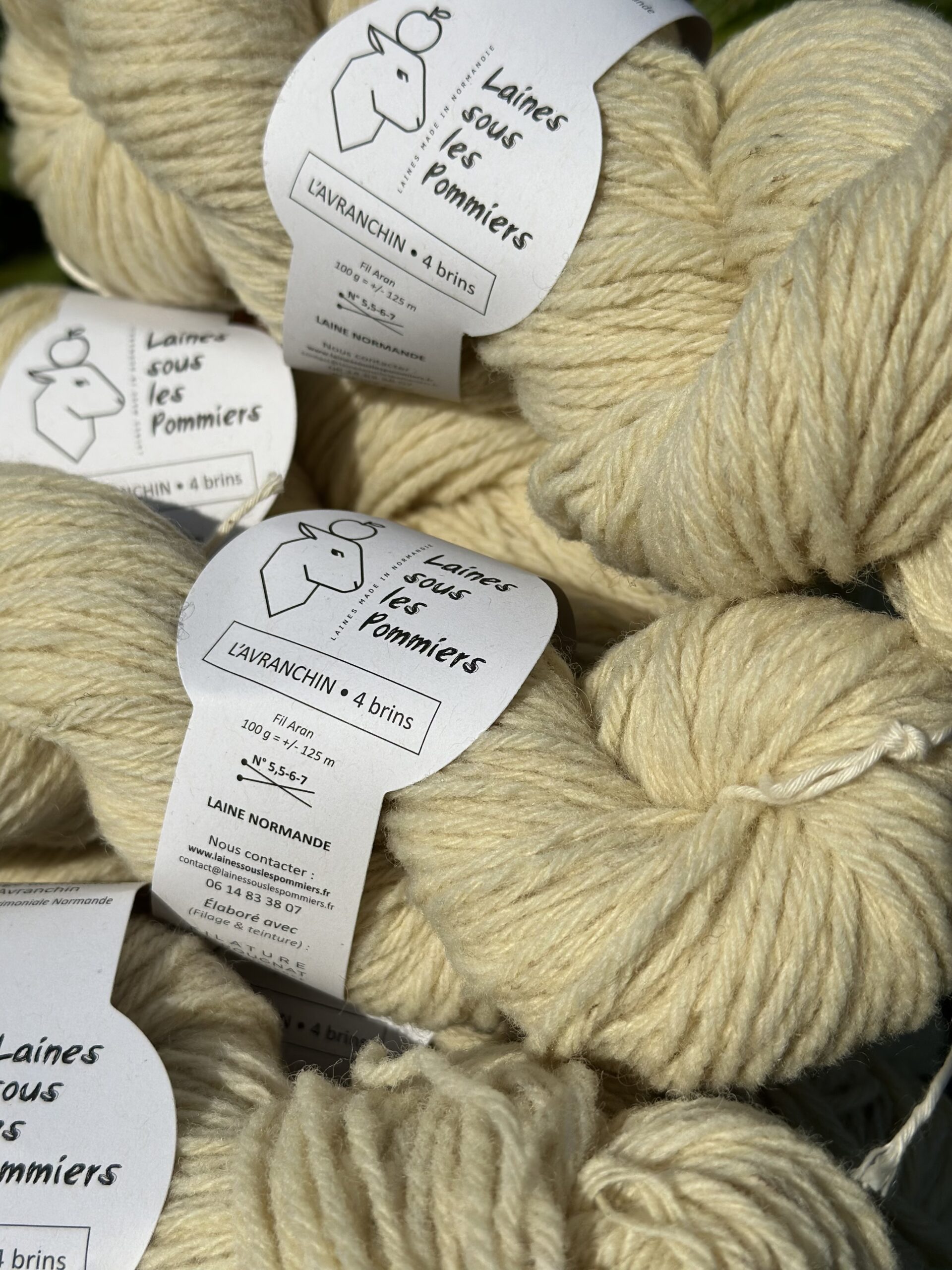 Écheveau de laine normande L'Avranchin, produit par Laines sous les Pommiers, étiquettes visibles. Artisanat local durable.