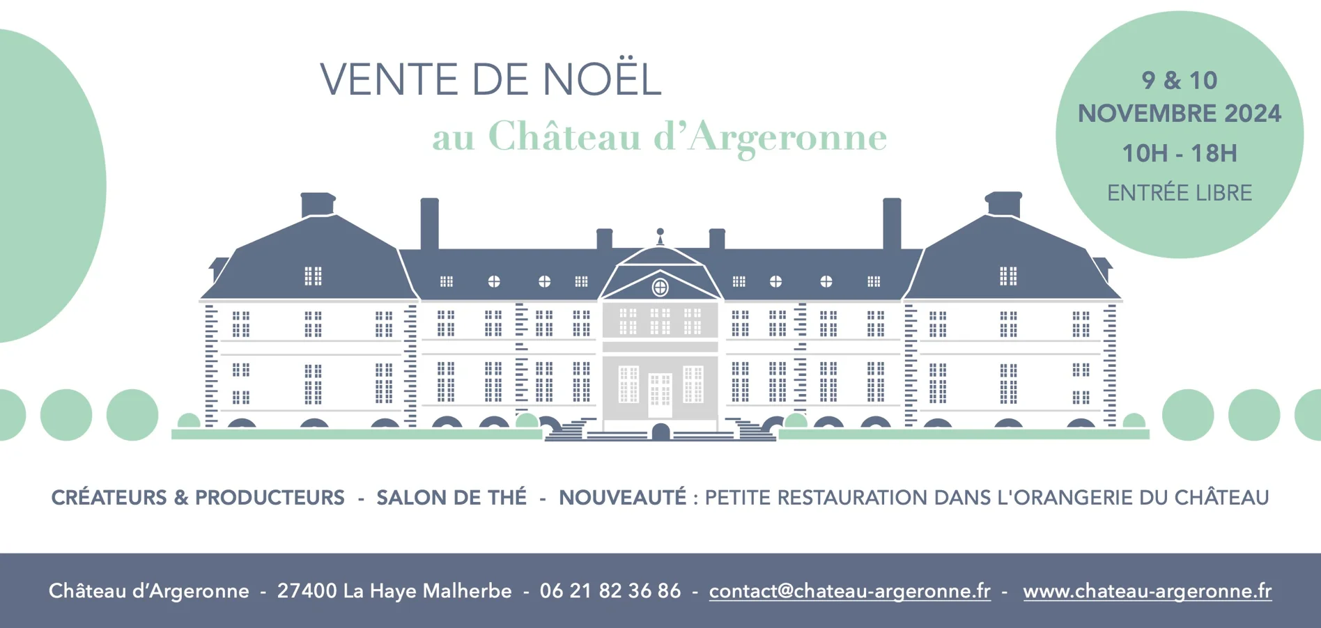 Affiche pour la vente de Noël au Château d'Argeronnes, avec horaires et activités pour créateurs et restauration. Entrée libre.