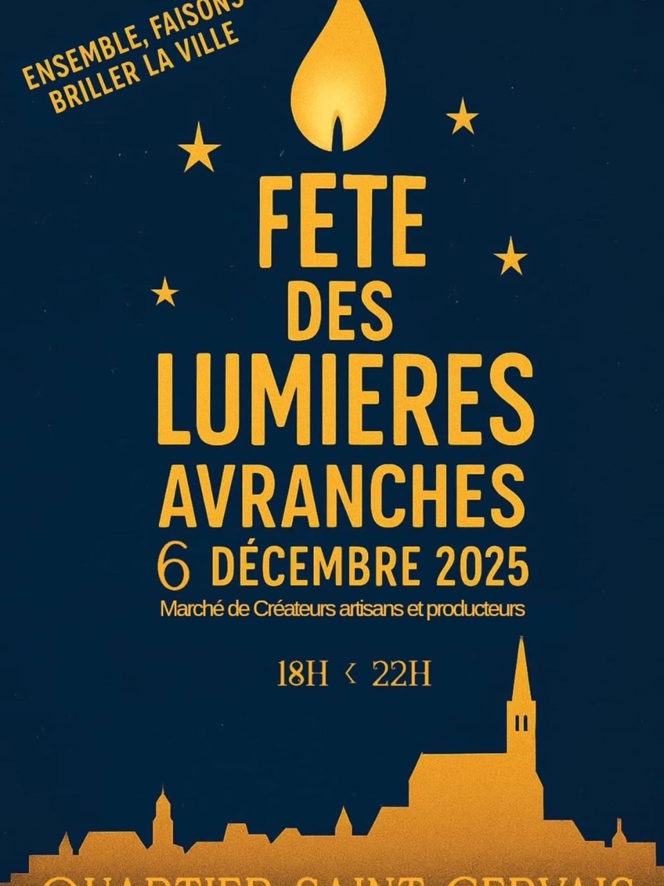 Affiche de la Fête des Lumières à Avranches, avec un marché de créateurs artisans le 6 décembre 2025, de 18h à 22h.